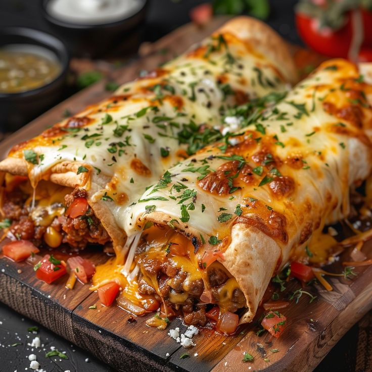 a wooden cutting board topped with two enchiladas covered in cheese and toppings