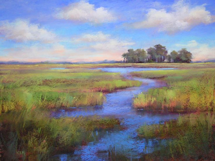 an oil painting of a river running through a grassy field