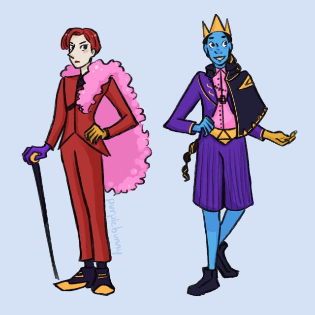 two cartoon characters dressed in costumes and holding canes, one is wearing a crown