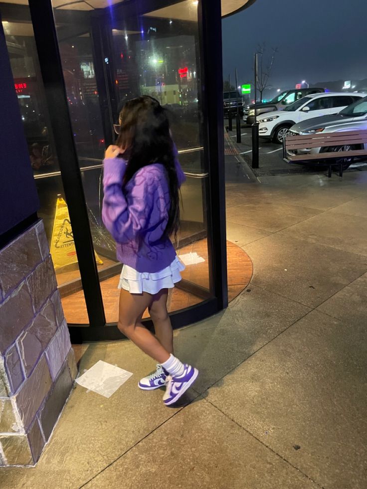 Purple Amiri Shoes Outfit, Dunks Outfit Skirt, Purple Outfits Black Women Streetwear, Purple Nike Dunks Outfit, Unlock Your Space Dunks Outfits, Purple Sweater Skirt Outfit, Purple And White Dunks Outfit, Plum Dunks Outfit, Purple Low Dunks Outfit