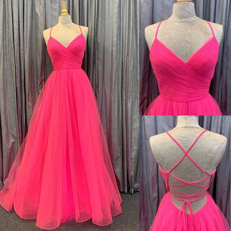 Flaunt your impeccable fashion sense with this chic prom dress. The ethereal ensemble is crafted from soft tulle material, creating a ravishing A-line silhouette that flows gracefully down to the floor. The wrap-over bodice is ultra-flattering, featuring a V-cut neckline that accentuates your curves. Thin straps wrap into a lace-up open back, ensuring the perfect fit and adding a touch of sophistication to the dress. With its delicate fabric and elegant design, this dress will make you feel like Prom Gown Elegant, Chic Prom Dresses, Gown Elegant, Long Formal Gowns, Long Formal Dress, Tulle Prom Dress, Evening Party Dress, Party Dress Long, Long Prom Dress