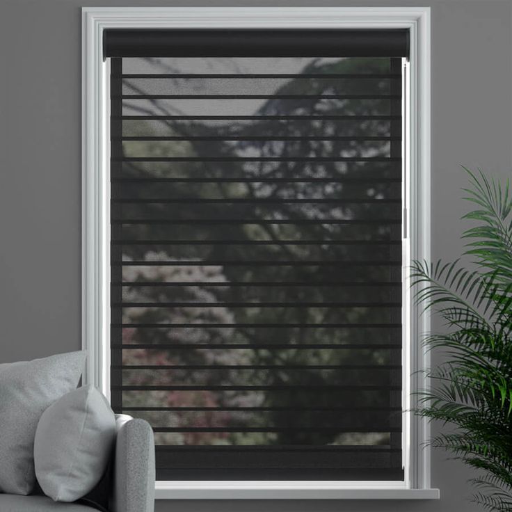 a living room with a couch and window covered in blinds