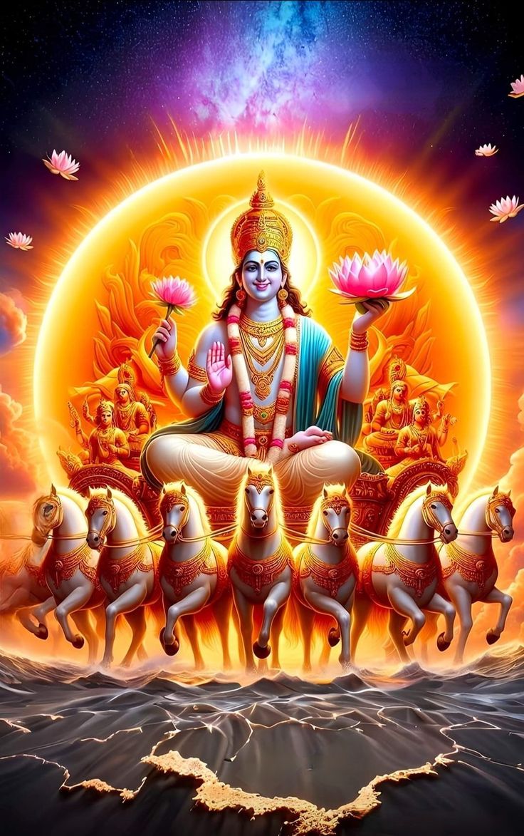 the god sitting on top of four horses in front of an orange and blue sky