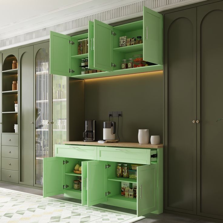 a kitchen with green cupboards and shelves in the center, along with an area rug on the floor