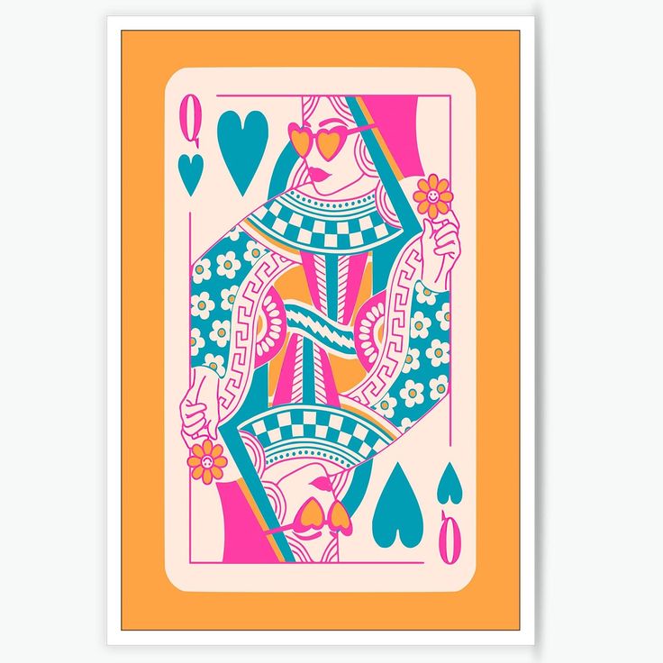 a colorful playing card with hearts and flowers on the front, in pink, blue, orange