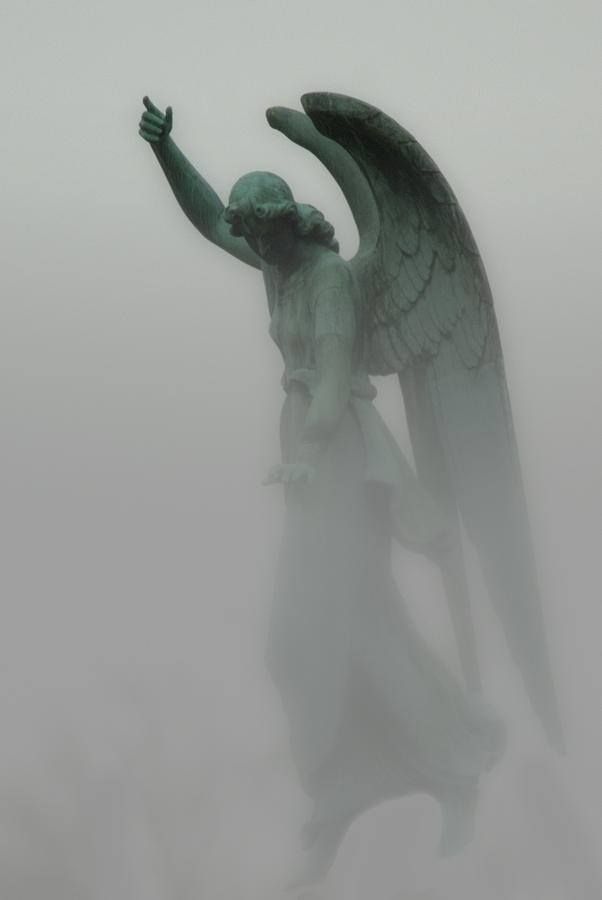 an angel statue in the fog with its wings spread