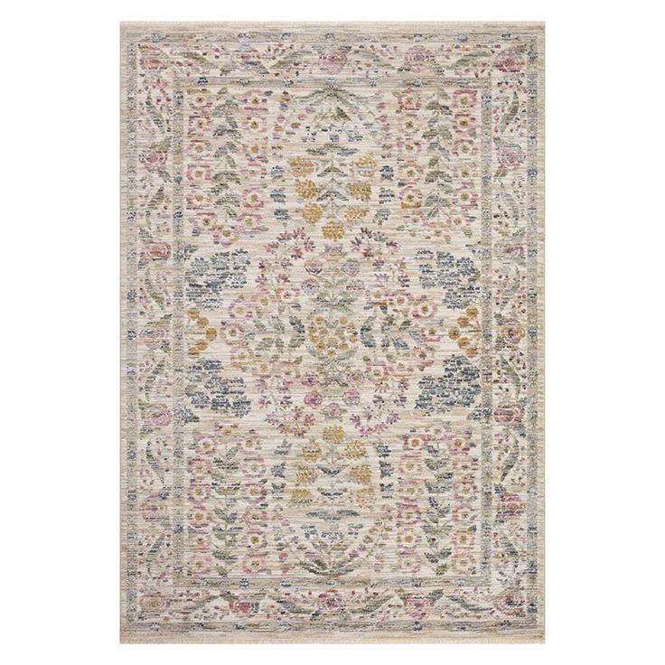 a rug with an ornate design on the front and back side, in beige tones