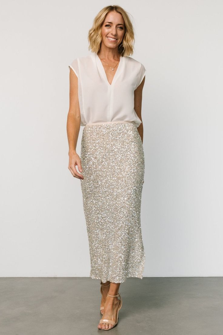 Charmed Sequin Midi Skirt | Champagne - Baltic Born Sequin Midi Skirt Outfit, Beige Skirt Outfit, White Sequin Skirt, Sequin Skirt Outfit, Gold Sequin Skirt, Xmas Outfit, Sequin Pencil Skirt, Sequin Midi Skirt, Glitter Fashion