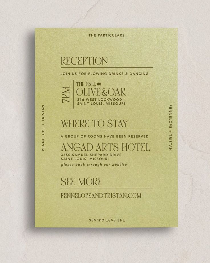 a green wedding card with the words reception and where to stay on it is shown