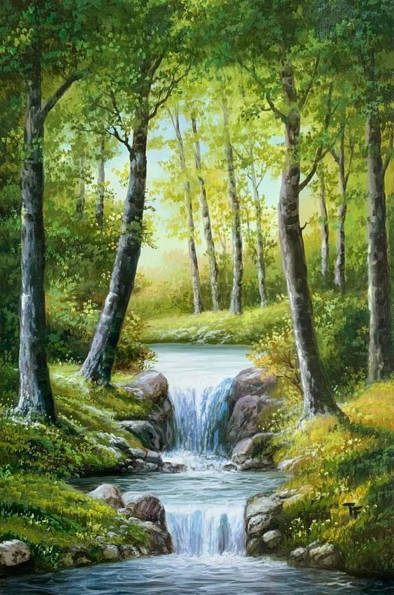 a painting of a stream running through a forest