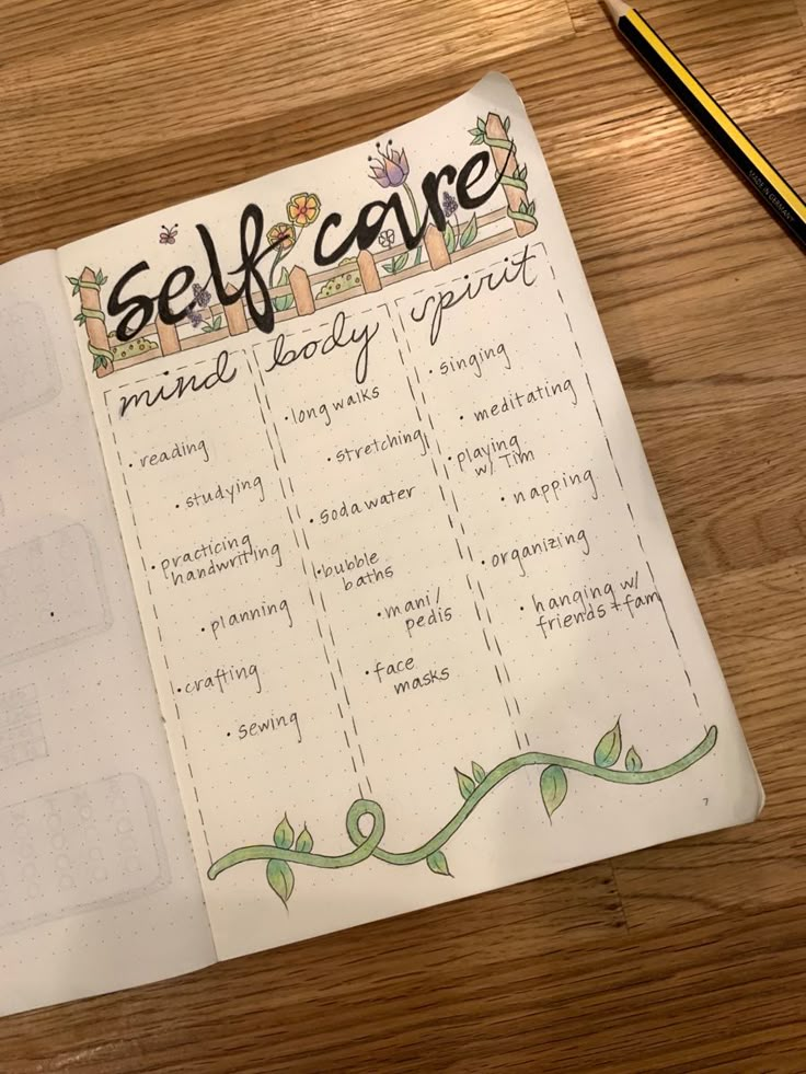 an open notebook with self care written on it