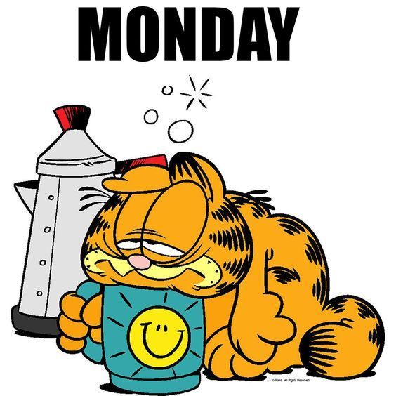 a cartoon cat laying down next to a bottle with the caption monday on it