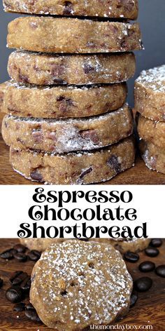 chocolate shortbread cookies stacked on top of each other with the words espresso chocolate shortbread