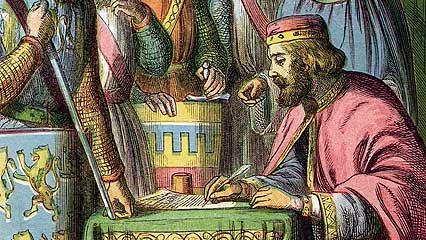 an old illustration of three men in medieval clothing writing something on a table with other people around them