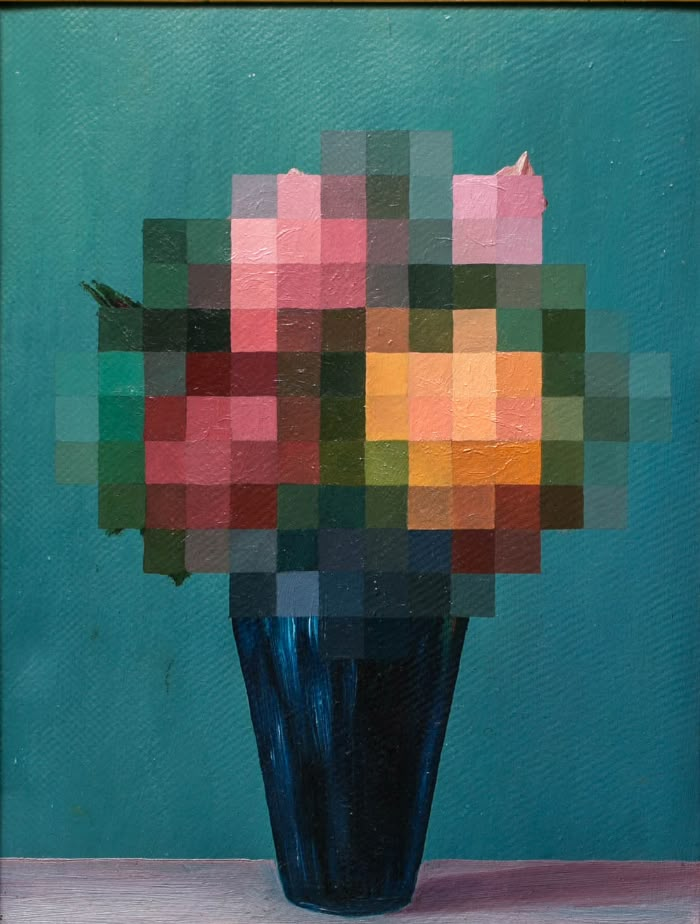 a painting of a blue vase with colorful squares on it's face and bottom