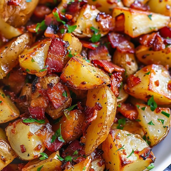 cooked potatoes with bacon and parsley in a white bowl