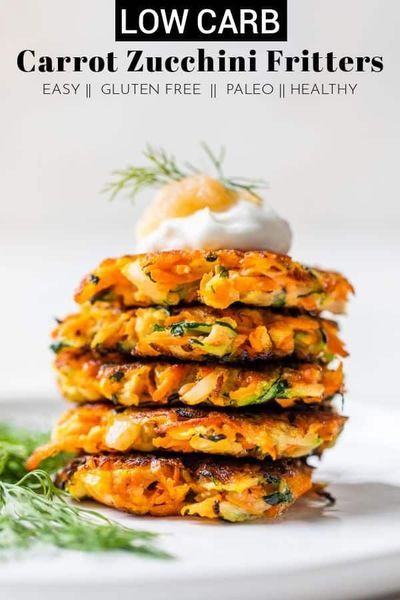 carrot zucchini fritters are stacked on top of each other