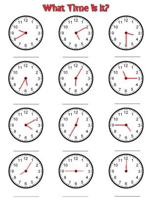 printable worksheet for telling time to the hour and half past hours on clocks