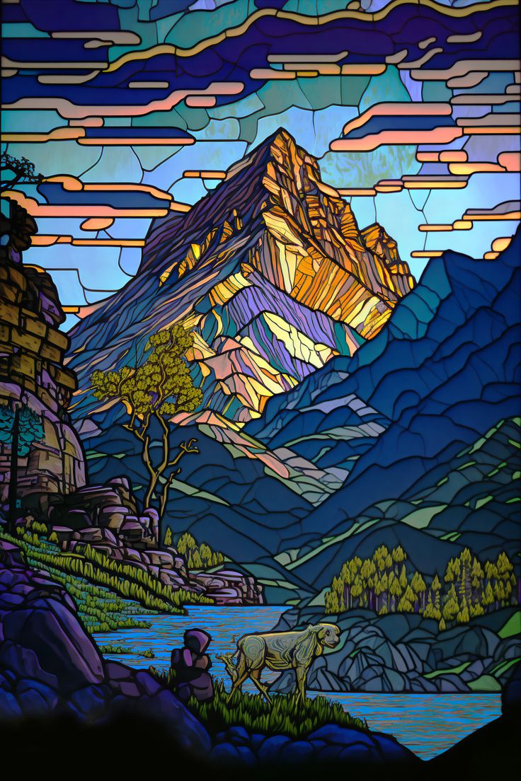 a stained glass window with mountains and trees in the foreground, on a dark background