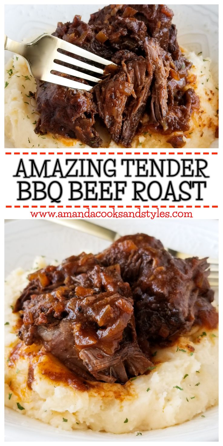 an image of a plate of food with meat and potatoes on it, the title reads amazing tender bbq beef roast over mashed potatoes