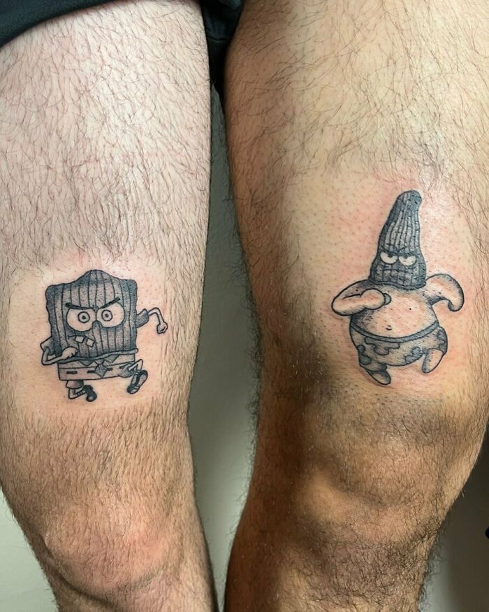 two people with matching tattoos on their legs