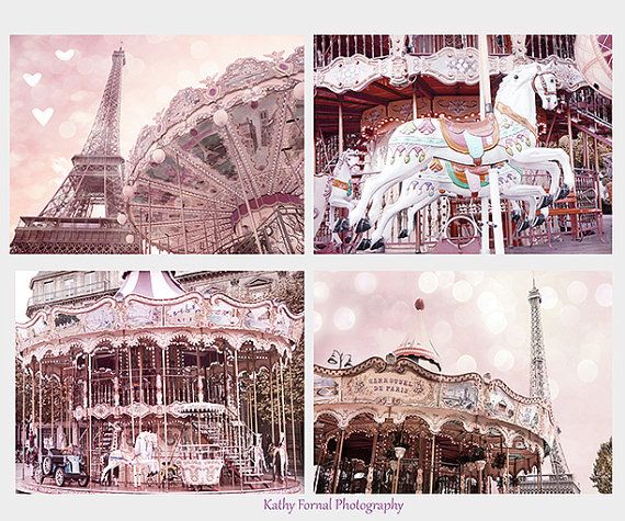 four different pictures of a carousel and the eiffel tower