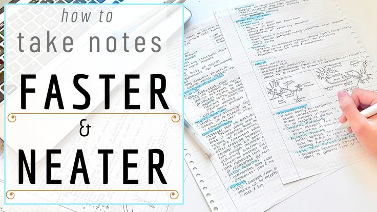 a person writing on paper with the words how to take notes faster and neater