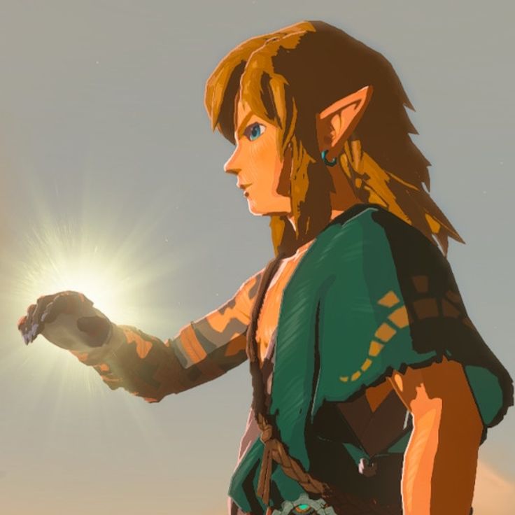 the legend of zelda is standing in front of the sun with her arm outstretched