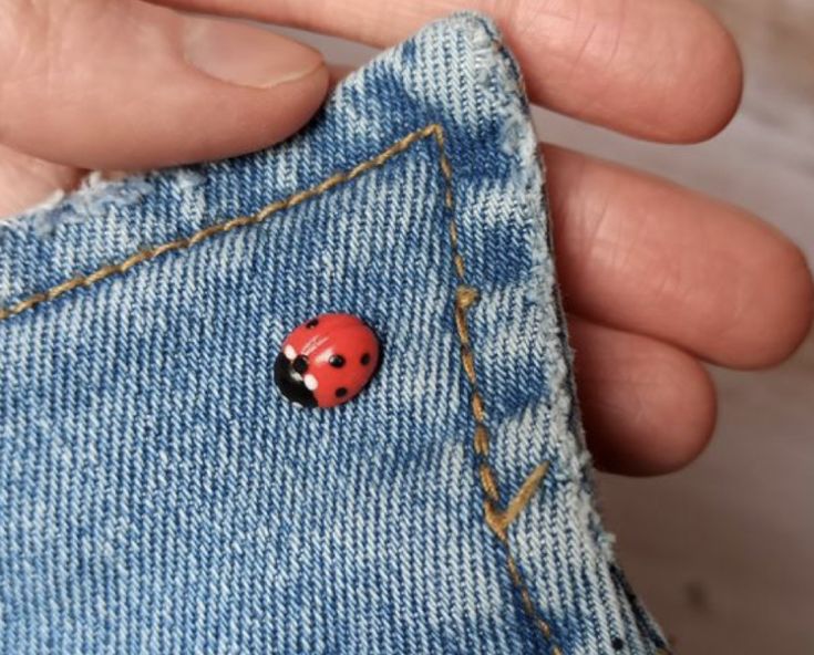 a ladybug sitting on the back of a pair of blue jean pants, being held by someone's hand