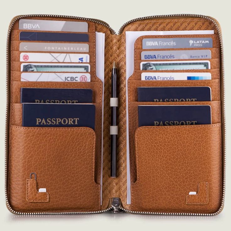 Bravo Family Leather Passport Holder - Vaja Luxury Travel Wallets With Bill Compartment, Modern Travel Cases With Interior Card Slots, Leather Travel Bag With Rfid Blocking, Leather Rfid Blocking Travel Bag, Rfid Blocking Leather Travel Bag, Modern Travel Wallets With Zipper Closure, Brown Travel Case With Card Slots, Leather Travel Cases With Card Slots, Functional Travel Bag With Card Slots