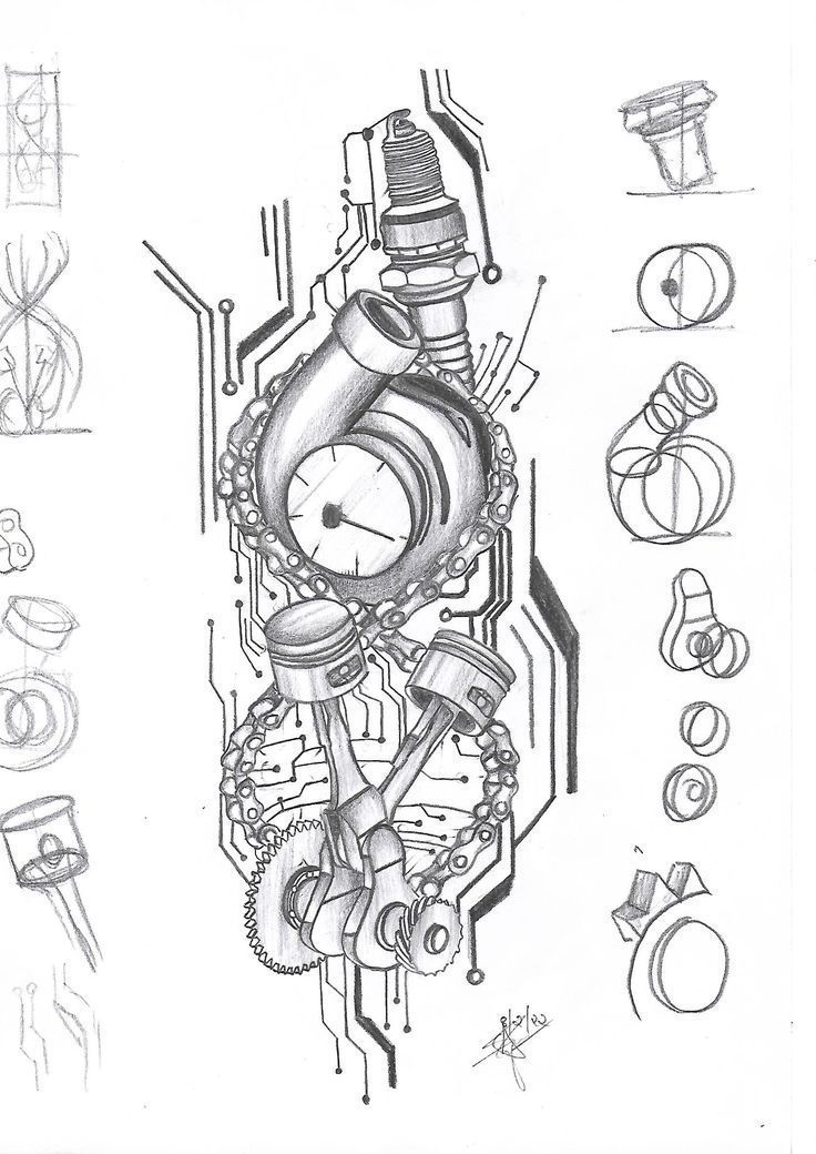 a drawing of an engine with gears and other parts on the back side, including two valves