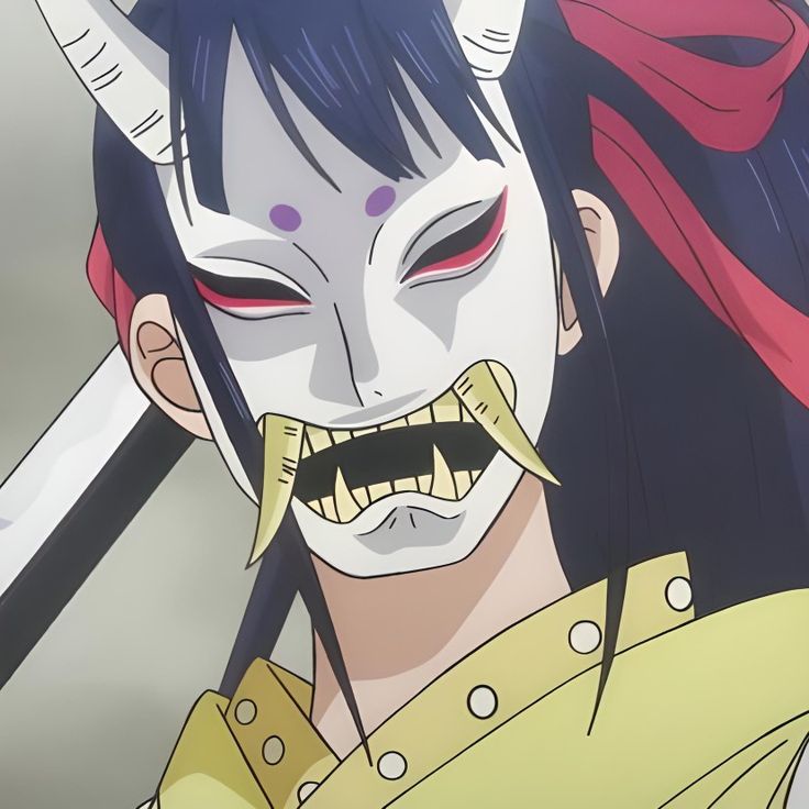 an anime character with horns and fangs on his face