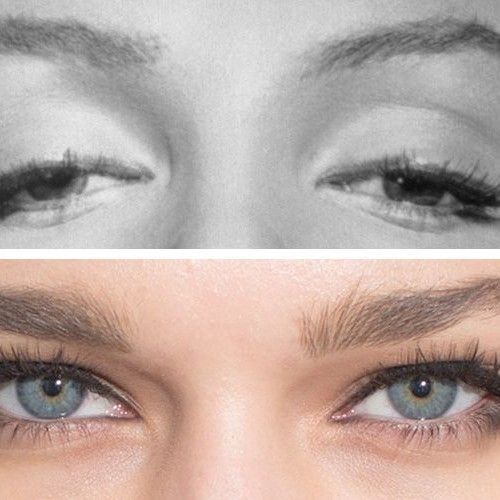 two different views of the same woman's eyes and eyebrows, one with long lashes