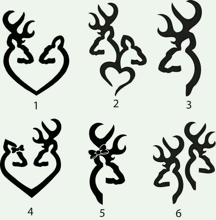 the silhouettes of deer's heads and hearts are drawn in black ink on white paper