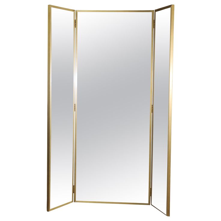 a tall mirror with gold trimmings and an open door in the middle, against a white background