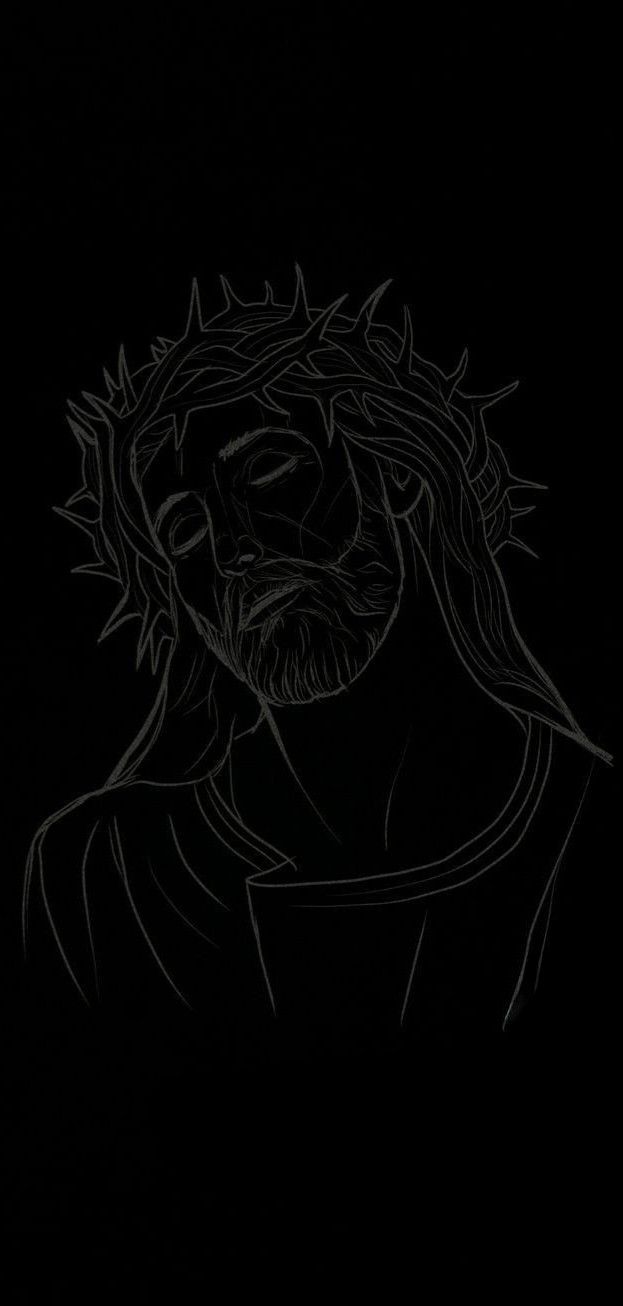 a black and white drawing of jesus in the dark with his head turned to the side