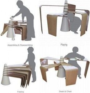 four different types of chairs and tables with people working on them