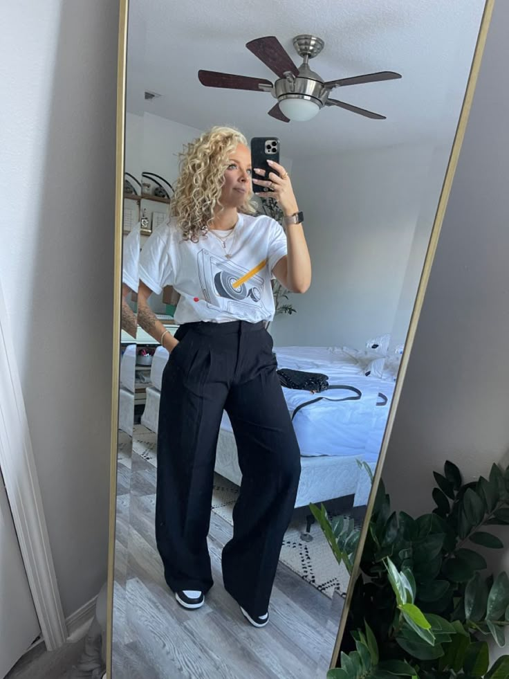 Nike Panda Dunks Outfit Work, Nike Dunk Low Business Casual, Graphic Tee And Wide Leg Pants, Dunks Business Casual, Womens Nike Dunk Low Outfit, Nike Dunks Work Outfit, Wide Leg Pants With Graphic Tee, Graphic Tee Wide Leg Pants, Dress Pants And Sneakers Women