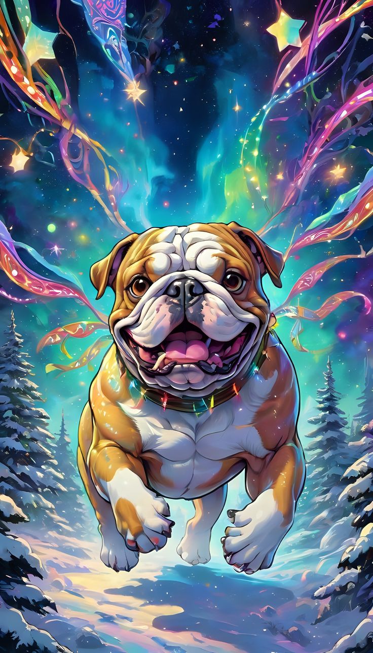 a painting of a dog in the snow with stars and lights on it's face