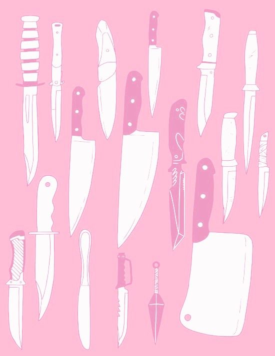 a bunch of different types of knives on a pink background