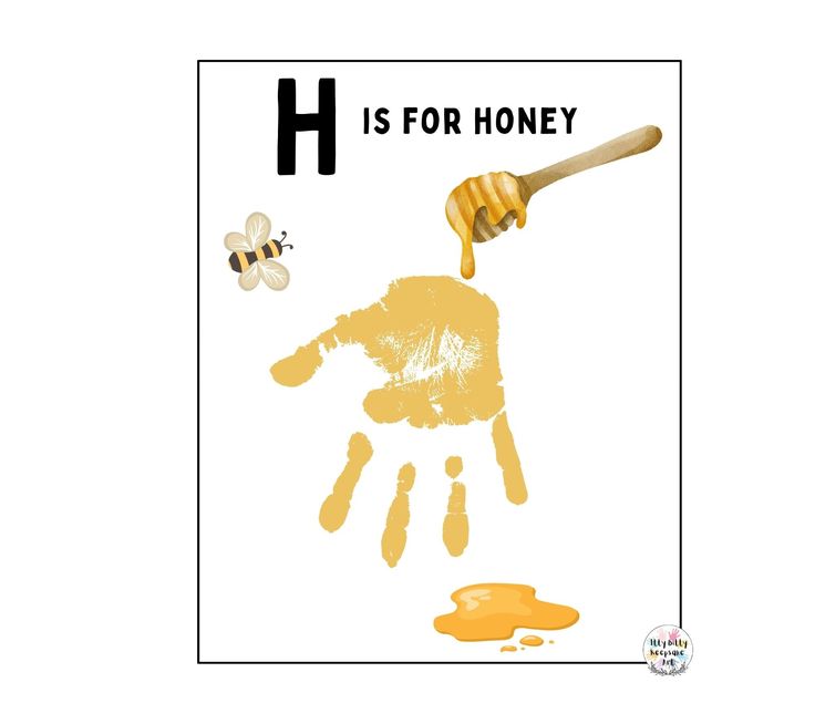 a poster with the words h is for honey on it and a hand holding a bee