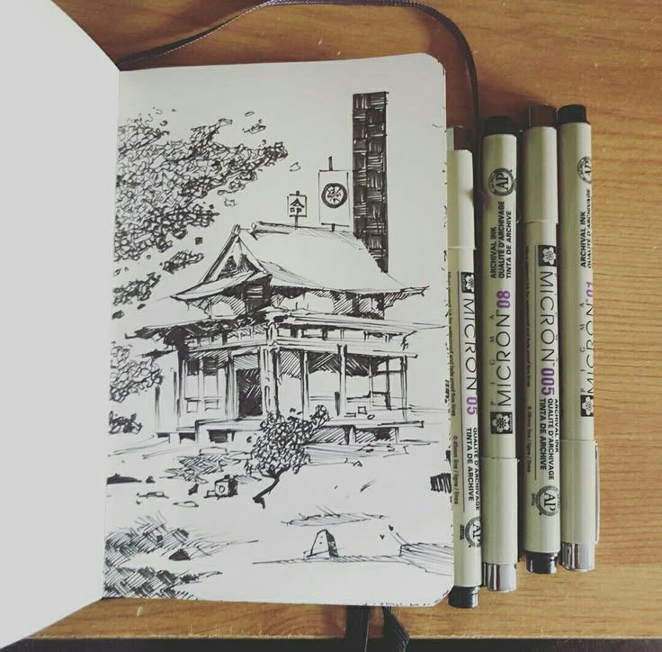 three pens are sitting on top of a notebook with an image of a house in the background