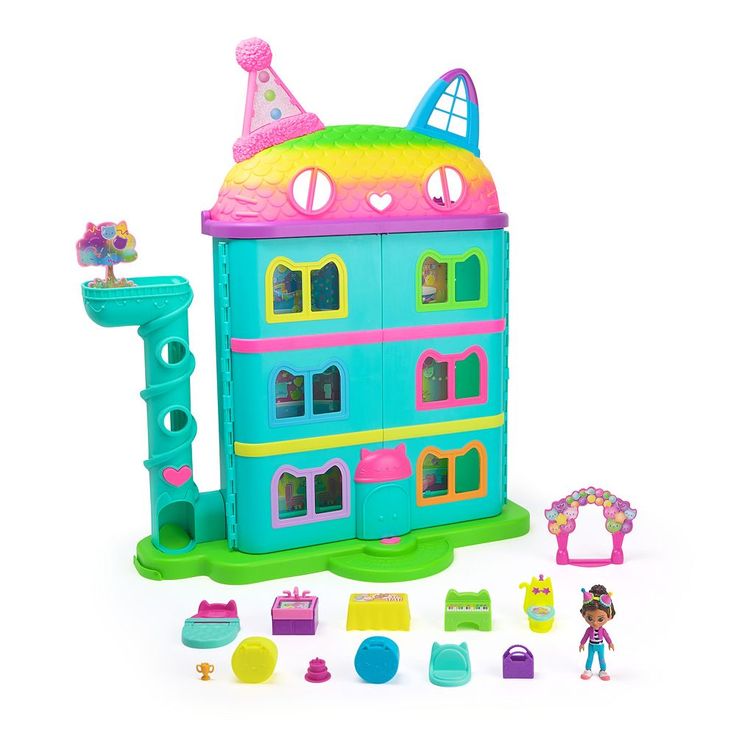 a toy house with toys surrounding it on a white background