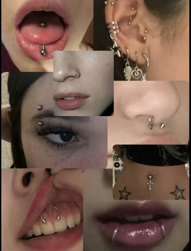 multiple images of different types of piercings on women's nose and ear rings