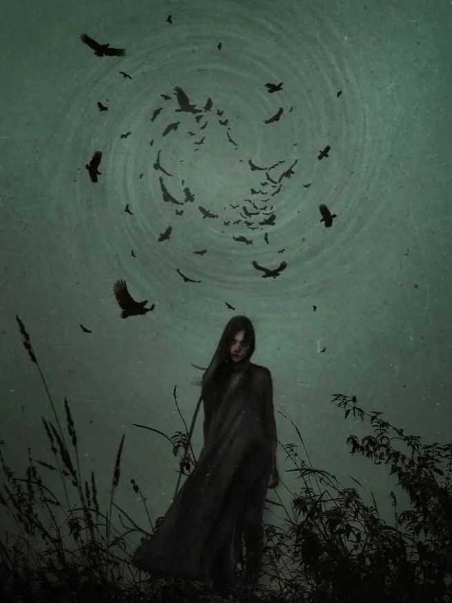 a woman is standing in the grass with birds flying around her on a dark night