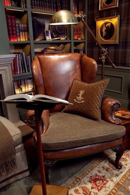 a chair and lamp in a room with bookshelves