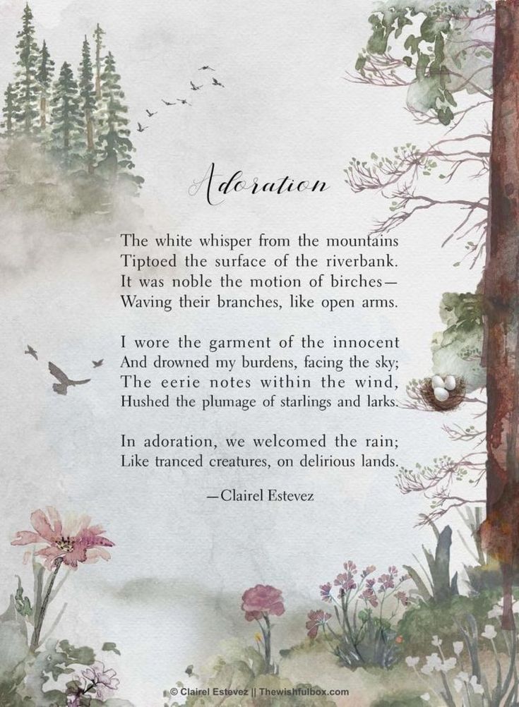 a poem written in watercolor and ink on paper with trees, flowers and birds