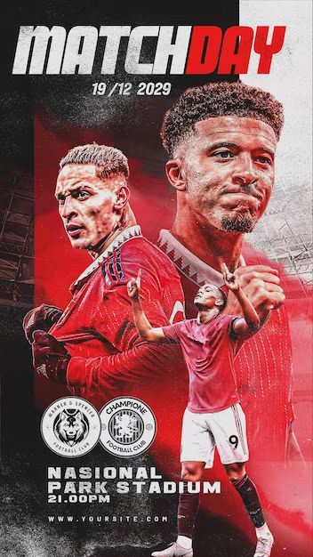 an advertisement for the national stadium featuring two men in red and white uniforms, one holding a soccer ball