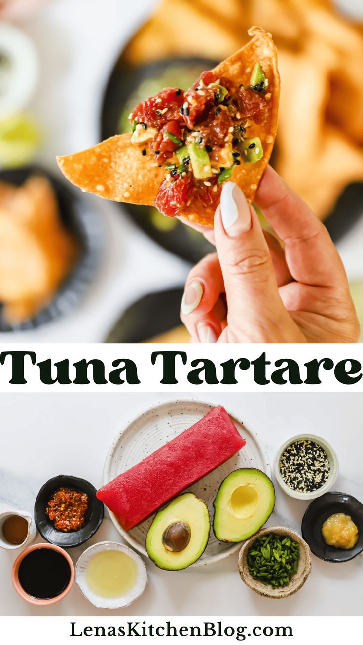 a person holding up a piece of food with the words tuna tartare on it