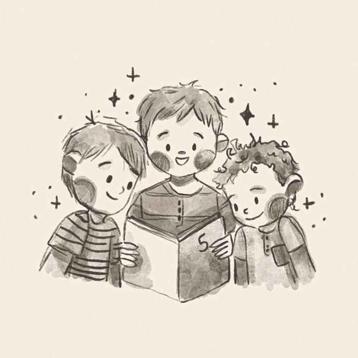 a drawing of two children and an adult looking at something in a box with stars on it